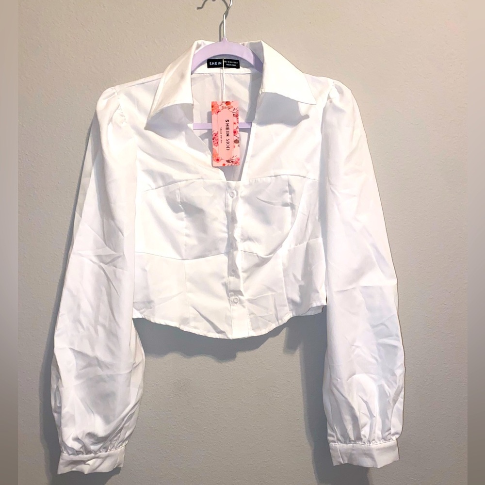 V-Neck Split Herringbone Line Lantern Sleeve Button Front Shirt